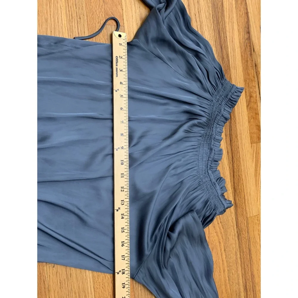 Carmen Marc Valvo Blue Smocked Ruffle Neck Satin Blouse Long Sleeve Small S/P - Picture 6 of 8